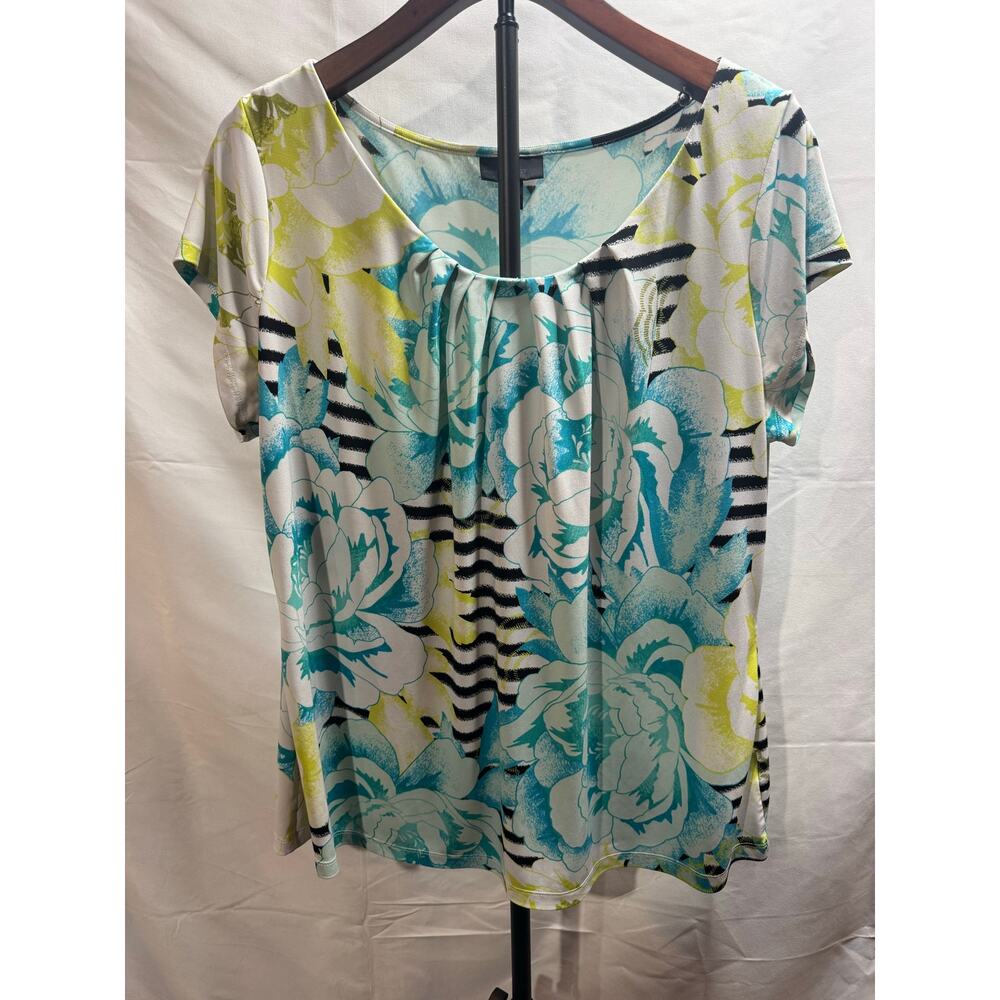 Worthington Women’s 1X Tee Cap Sleeves Floral Stripes Plus Round Pleated Neck